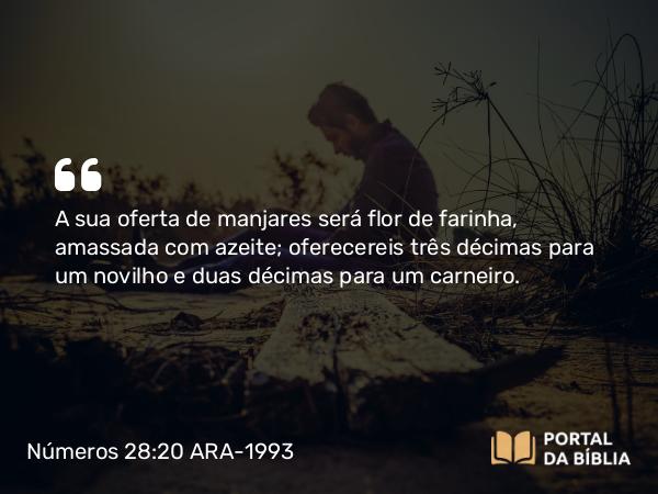 Números 28:20 ARA-1993 - A sua oferta de manjares será flor de farinha, amassada com azeite; oferecereis três décimas para um novilho e duas décimas para um carneiro.