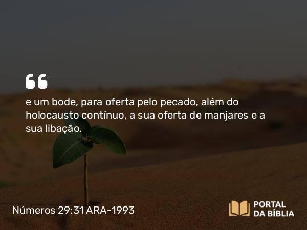 Números 29:31 ARA-1993 - e um bode, para oferta pelo pecado, além do holocausto contínuo, a sua oferta de manjares e a sua libação.