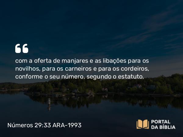 Números 29:33 ARA-1993 - com a oferta de manjares e as libações para os novilhos, para os carneiros e para os cordeiros, conforme o seu número, segundo o estatuto,