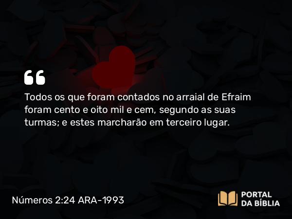 Números 2:24 ARA-1993 - Todos os que foram contados no arraial de Efraim foram cento e oito mil e cem, segundo as suas turmas; e estes marcharão em terceiro lugar.