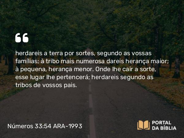 Números 33:54 ARA-1993 - herdareis a terra por sortes, segundo as vossas famílias; à tribo mais numerosa dareis herança maior; à pequena, herança menor. Onde lhe cair a sorte, esse lugar lhe pertencerá; herdareis segundo as tribos de vossos pais.