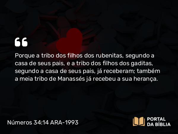 Números 34:14 ARA-1993 - Porque a tribo dos filhos dos rubenitas, segundo a casa de seus pais, e a tribo dos filhos dos gaditas, segundo a casa de seus pais, já receberam; também a meia tribo de Manassés já recebeu a sua herança.