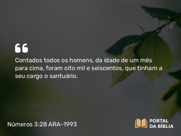 Números 3:28 ARA-1993 - Contados todos os homens, da idade de um mês para cima, foram oito mil e seiscentos, que tinham a seu cargo o santuário.