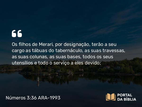 Números 3:36 ARA-1993 - Os filhos de Merari, por designação, terão a seu cargo as tábuas do tabernáculo, as suas travessas, as suas colunas, as suas bases, todos os seus utensílios e todo o serviço a eles devido;