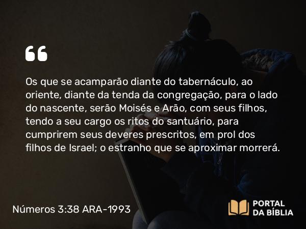 Números 3:38-39 ARA-1993 - Os que se acamparão diante do tabernáculo, ao oriente, diante da tenda da congregação, para o lado do nascente, serão Moisés e Arão, com seus filhos, tendo a seu cargo os ritos do santuário, para cumprirem seus deveres prescritos, em prol dos filhos de Israel; o estranho que se aproximar morrerá.