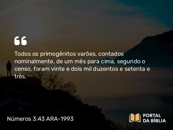 Números 3:43 ARA-1993 - Todos os primogênitos varões, contados nominalmente, de um mês para cima, segundo o censo, foram vinte e dois mil duzentos e setenta e três.