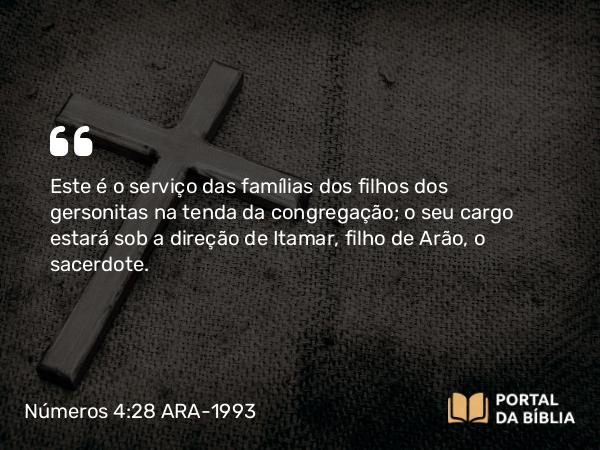 Números 4:28 ARA-1993 - Este é o serviço das famílias dos filhos dos gersonitas na tenda da congregação; o seu cargo estará sob a direção de Itamar, filho de Arão, o sacerdote.