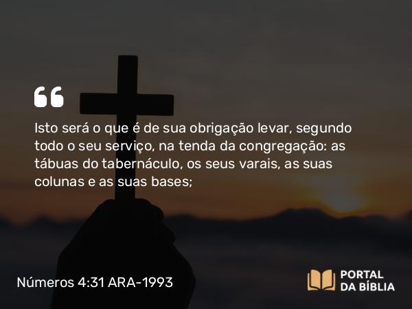 Números 4:31 ARA-1993 - Isto será o que é de sua obrigação levar, segundo todo o seu serviço, na tenda da congregação: as tábuas do tabernáculo, os seus varais, as suas colunas e as suas bases;