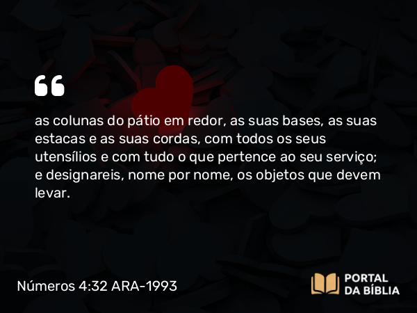 Números 4:32 ARA-1993 - as colunas do pátio em redor, as suas bases, as suas estacas e as suas cordas, com todos os seus utensílios e com tudo o que pertence ao seu serviço; e designareis, nome por nome, os objetos que devem levar.