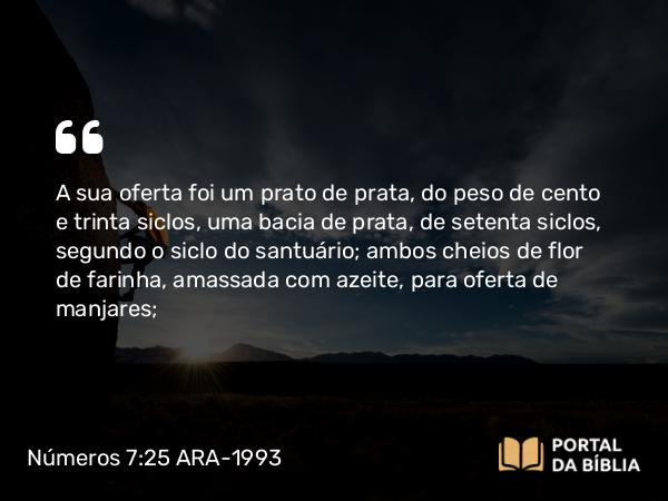 Números 7:25 ARA-1993 - A sua oferta foi um prato de prata, do peso de cento e trinta siclos, uma bacia de prata, de setenta siclos, segundo o siclo do santuário; ambos cheios de flor de farinha, amassada com azeite, para oferta de manjares;