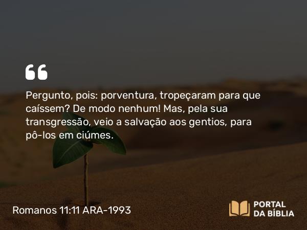 Romanos 11:11-12 ARA-1993 - Pergunto, pois: porventura, tropeçaram para que caíssem? De modo nenhum! Mas, pela sua transgressão, veio a salvação aos gentios, para pô-los em ciúmes.