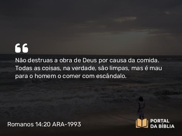 Romanos 14:20 ARA-1993 - Não destruas a obra de Deus por causa da comida. Todas as coisas, na verdade, são limpas, mas é mau para o homem o comer com escândalo.