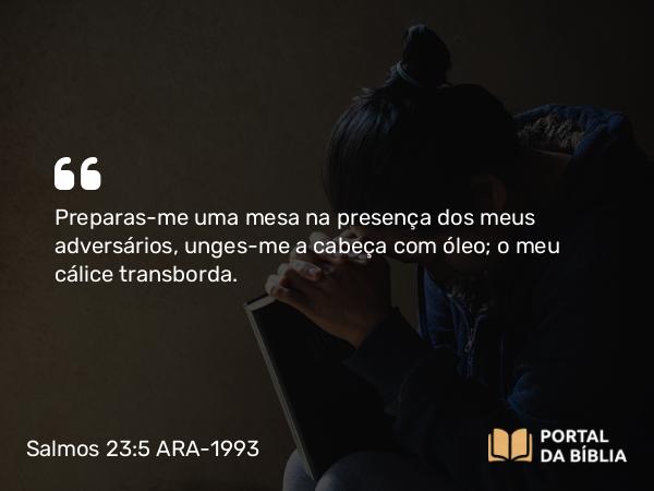 Salmos 23:5 ARA-1993 - Preparas-me uma mesa na presença dos meus adversários, unges-me a cabeça com óleo; o meu cálice transborda.