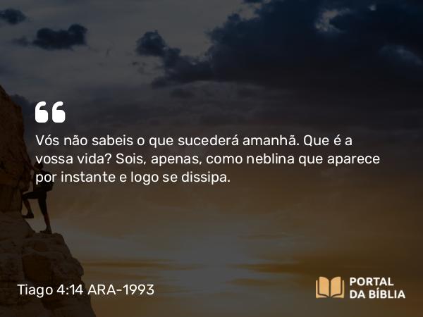 Tiago 4:14 ARA-1993 - Vós não sabeis o que sucederá amanhã. Que é a vossa vida? Sois, apenas, como neblina que aparece por instante e logo se dissipa.