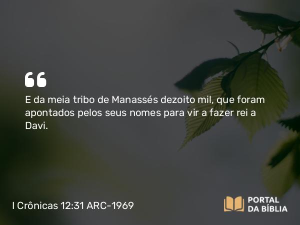 I Crônicas 12:31 ARC-1969 - E da meia tribo de Manassés dezoito mil, que foram apontados pelos seus nomes para vir a fazer rei a Davi.