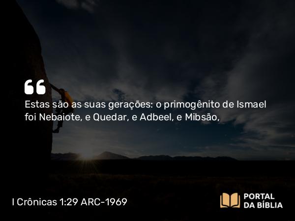 I Crônicas 1:29 ARC-1969 - Estas são as suas gerações: o primogênito de Ismael foi Nebaiote, e Quedar, e Adbeel, e Mibsão,