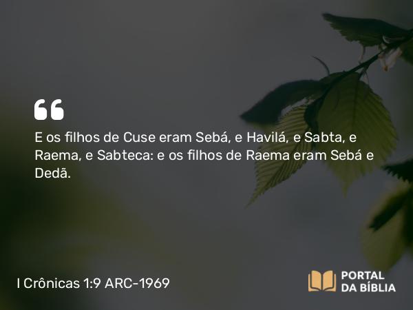 I Crônicas 1:9 ARC-1969 - E os filhos de Cuse eram Sebá, e Havilá, e Sabta, e Raema, e Sabteca: e os filhos de Raema eram Sebá e Dedã.