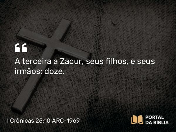 I Crônicas 25:10 ARC-1969 - A terceira a Zacur, seus filhos, e seus irmãos; doze.