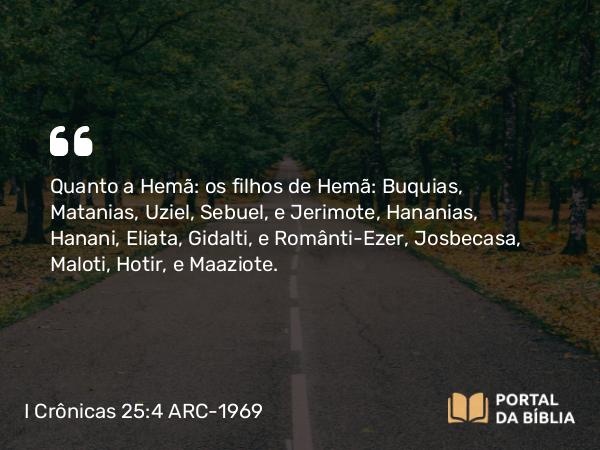 I Crônicas 25:4 ARC-1969 - Quanto a Hemã: os filhos de Hemã: Buquias, Matanias, Uziel, Sebuel, e Jerimote, Hananias, Hanani, Eliata, Gidalti, e Românti-Ezer, Josbecasa, Maloti, Hotir, e Maaziote.