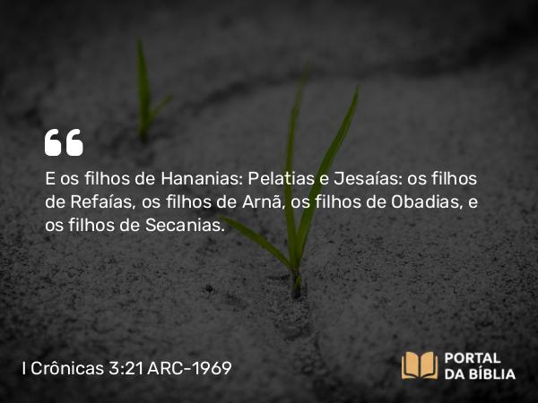 I Crônicas 3:21 ARC-1969 - E os filhos de Hananias: Pelatias e Jesaías: os filhos de Refaías, os filhos de Arnã, os filhos de Obadias, e os filhos de Secanias.