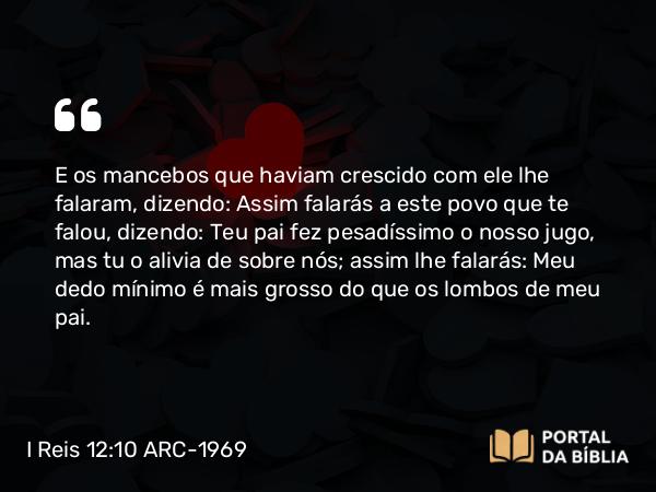 I Reis 12:10 ARC-1969 - E os mancebos que haviam crescido com ele lhe falaram, dizendo: Assim falarás a este povo que te falou, dizendo: Teu pai fez pesadíssimo o nosso jugo, mas tu o alivia de sobre nós; assim lhe falarás: Meu dedo mínimo é mais grosso do que os lombos de meu pai.