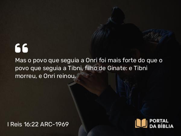 I Reis 16:22 ARC-1969 - Mas o povo que seguia a Onri foi mais forte do que o povo que seguia a Tibni, filho de Ginate: e Tibni morreu, e Onri reinou.