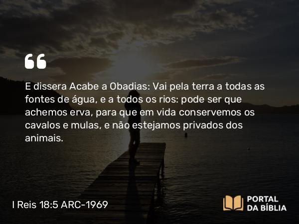 I Reis 18:5 ARC-1969 - E dissera Acabe a Obadias: Vai pela terra a todas as fontes de água, e a todos os rios: pode ser que achemos erva, para que em vida conservemos os cavalos e mulas, e não estejamos privados dos animais.