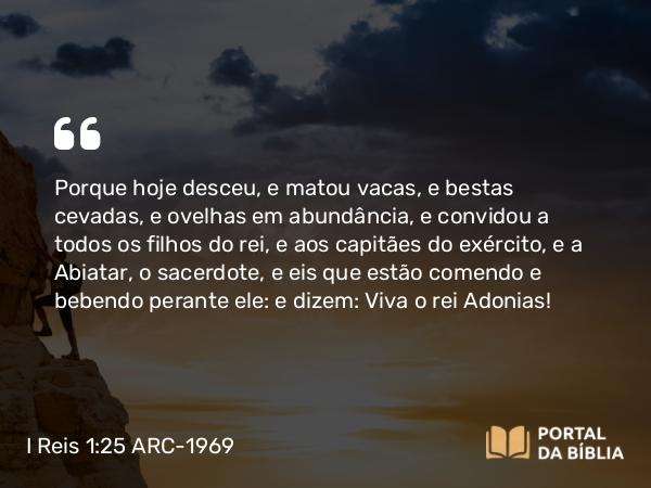 I Reis 1:25 ARC-1969 - Porque hoje desceu, e matou vacas, e bestas cevadas, e ovelhas em abundância, e convidou a todos os filhos do rei, e aos capitães do exército, e a Abiatar, o sacerdote, e eis que estão comendo e bebendo perante ele: e dizem: Viva o rei Adonias!