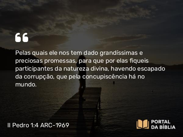 II Pedro 1:4 ARC-1969 - Pelas quais ele nos tem dado grandíssimas e preciosas promessas, para que por elas fiqueis participantes da natureza divina, havendo escapado da corrupção, que pela concupiscência há no mundo.