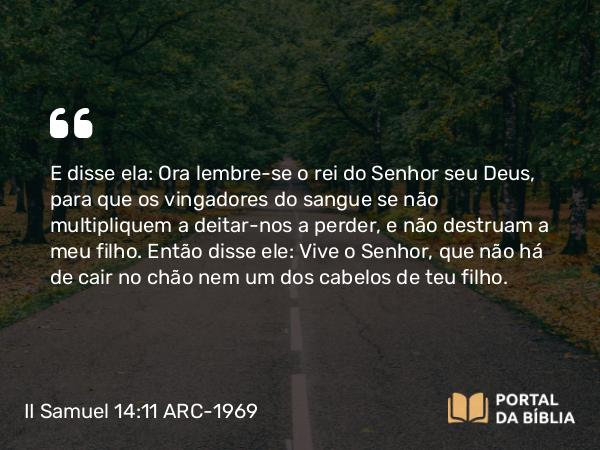 II Samuel 14:11 ARC-1969 - E disse ela: Ora lembre-se o rei do Senhor seu Deus, para que os vingadores do sangue se não multipliquem a deitar-nos a perder, e não destruam a meu filho. Então disse ele: Vive o Senhor, que não há de cair no chão nem um dos cabelos de teu filho.