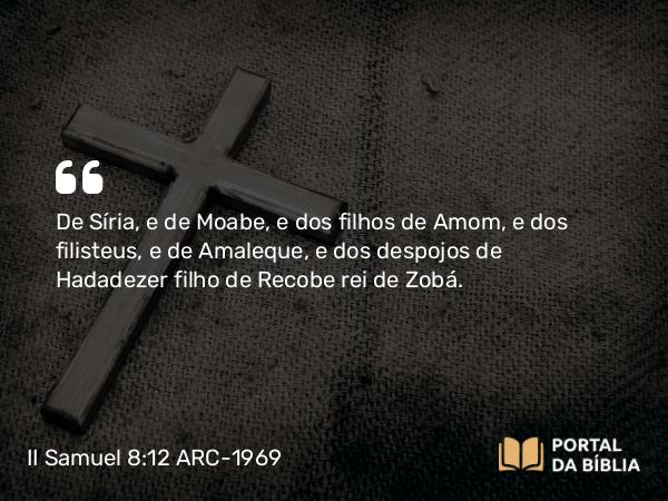 II Samuel 8:12 ARC-1969 - De Síria, e de Moabe, e dos filhos de Amom, e dos filisteus, e de Amaleque, e dos despojos de Hadadezer filho de Recobe rei de Zobá.