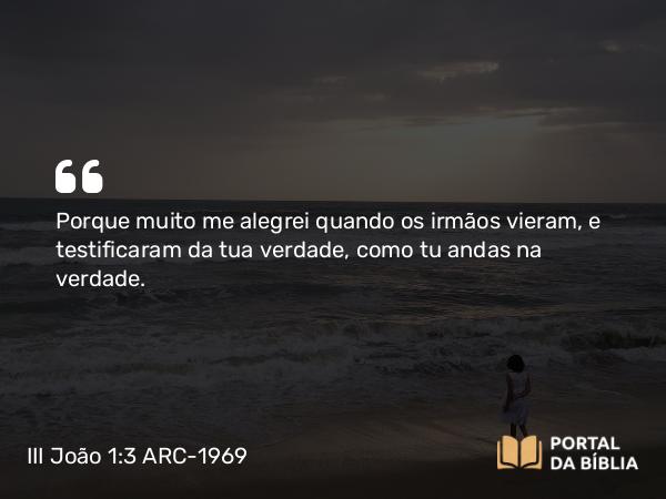 III João 1:3 ARC-1969 - Porque muito me alegrei quando os irmãos vieram, e testificaram da tua verdade, como tu andas na verdade.