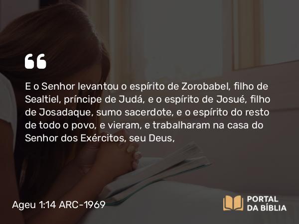 Ageu 1:14 ARC-1969 - E o Senhor levantou o espírito de Zorobabel, filho de Sealtiel, príncipe de Judá, e o espírito de Josué, filho de Josadaque, sumo sacerdote, e o espírito do resto de todo o povo, e vieram, e trabalharam na casa do Senhor dos Exércitos, seu Deus,