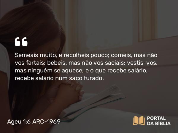 Ageu 1:6 ARC-1969 - Semeais muito, e recolheis pouco; comeis, mas não vos fartais; bebeis, mas não vos saciais; vestis-vos, mas ninguém se aquece; e o que recebe salário, recebe salário num saco furado.