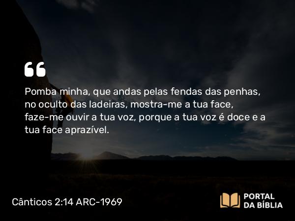 Cânticos 2:14 ARC-1969 - Pomba minha, que andas pelas fendas das penhas, no oculto das ladeiras, mostra-me a tua face, faze-me ouvir a tua voz, porque a tua voz é doce e a tua face aprazível.