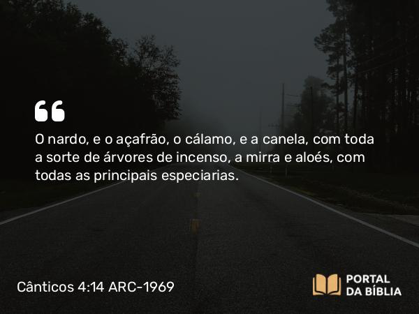 Cânticos 4:14 ARC-1969 - O nardo, e o açafrão, o cálamo, e a canela, com toda a sorte de árvores de incenso, a mirra e aloés, com todas as principais especiarias.