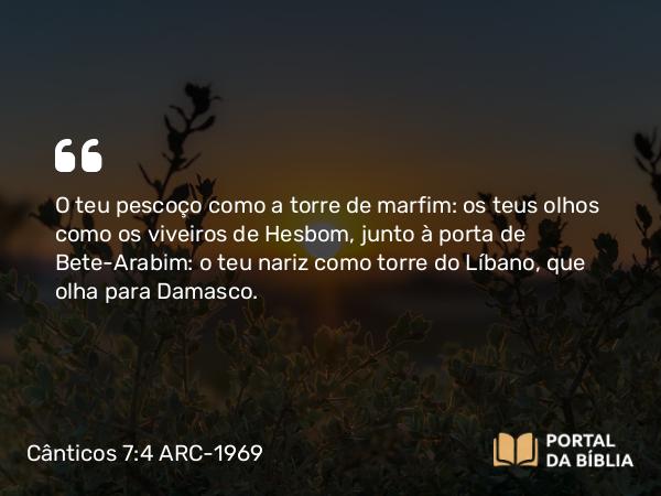 Cânticos 7:4 ARC-1969 - O teu pescoço como a torre de marfim: os teus olhos como os viveiros de Hesbom, junto à porta de Bete-Arabim: o teu nariz como torre do Líbano, que olha para Damasco.