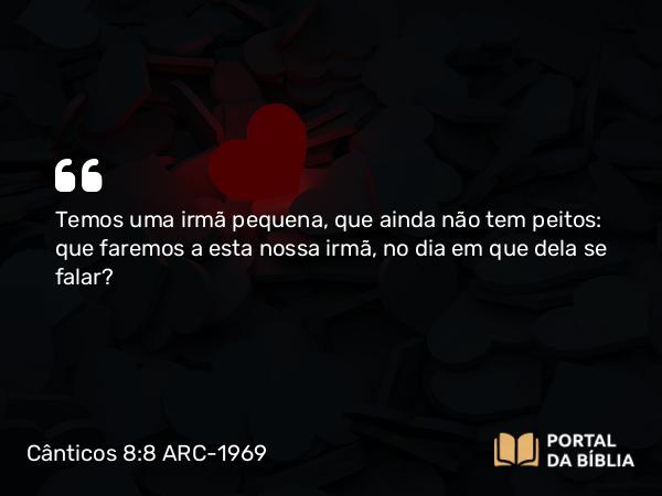 Cânticos 8:8 ARC-1969 - Temos uma irmã pequena, que ainda não tem peitos: que faremos a esta nossa irmã, no dia em que dela se falar?