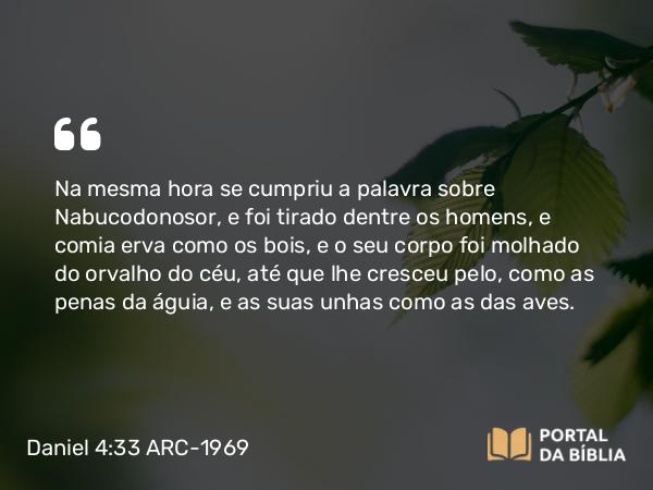 Daniel 4:33 ARC-1969 - Na mesma hora se cumpriu a palavra sobre Nabucodonosor, e foi tirado dentre os homens, e comia erva como os bois, e o seu corpo foi molhado do orvalho do céu, até que lhe cresceu pelo, como as penas da águia, e as suas unhas como as das aves.