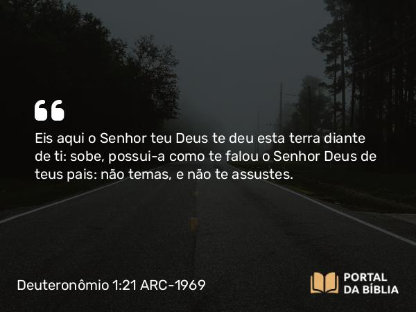 Deuteronômio 1:21 ARC-1969 - Eis aqui o Senhor teu Deus te deu esta terra diante de ti: sobe, possui-a como te falou o Senhor Deus de teus pais: não temas, e não te assustes.