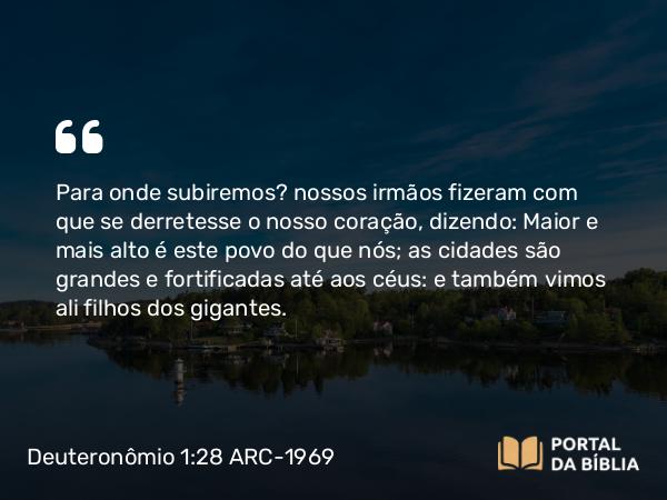 Deuteronômio 1:28 ARC-1969 - Para onde subiremos? nossos irmãos fizeram com que se derretesse o nosso coração, dizendo: Maior e mais alto é este povo do que nós; as cidades são grandes e fortificadas até aos céus: e também vimos ali filhos dos gigantes.