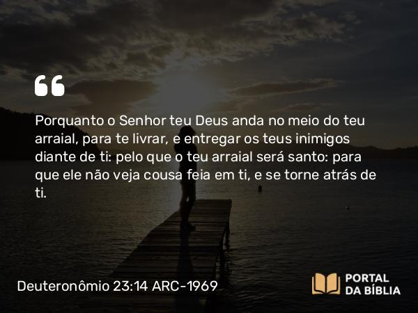 Deuteronômio 23:14 ARC-1969 - Porquanto o Senhor teu Deus anda no meio do teu arraial, para te livrar, e entregar os teus inimigos diante de ti: pelo que o teu arraial será santo: para que ele não veja cousa feia em ti, e se torne atrás de ti.