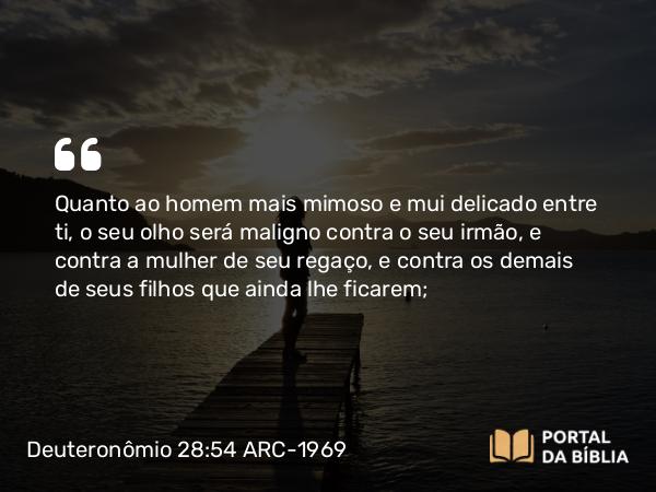 Deuteronômio 28:54 ARC-1969 - Quanto ao homem mais mimoso e mui delicado entre ti, o seu olho será maligno contra o seu irmão, e contra a mulher de seu regaço, e contra os demais de seus filhos que ainda lhe ficarem;