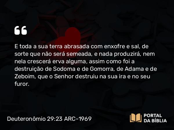 Deuteronômio 29:23 ARC-1969 - E toda a sua terra abrasada com enxofre e sal, de sorte que não será semeada, e nada produzirá, nem nela crescerá erva alguma, assim como foi a destruição de Sodoma e de Gomorra, de Adama e de Zeboim, que o Senhor destruiu na sua ira e no seu furor.