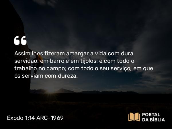 Êxodo 1:14 ARC-1969 - Assim lhes fizeram amargar a vida com dura servidão, em barro e em tijolos, e com todo o trabalho no campo; com todo o seu serviço, em que os serviam com dureza.