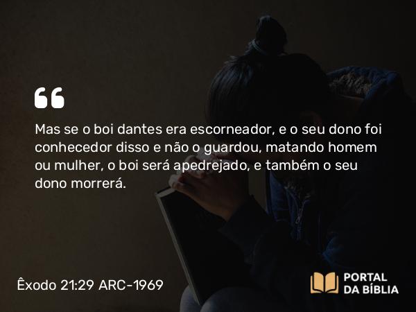 Êxodo 21:29 ARC-1969 - Mas se o boi dantes era escorneador, e o seu dono foi conhecedor disso e não o guardou, matando homem ou mulher, o boi será apedrejado, e também o seu dono morrerá.