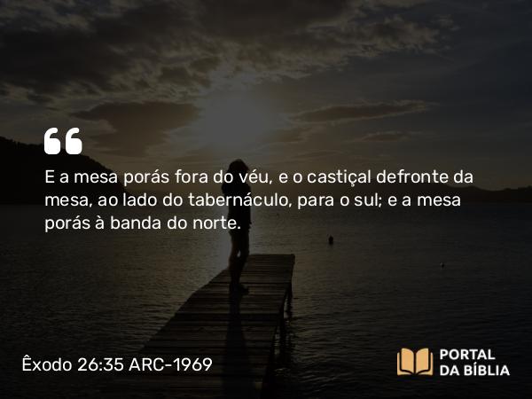 Êxodo 26:35 ARC-1969 - E a mesa porás fora do véu, e o castiçal defronte da mesa, ao lado do tabernáculo, para o sul; e a mesa porás à banda do norte.