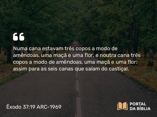 Êxodo 37:19 ARC-1969 - Numa cana estavam três copos a modo de amêndoas, uma maçã e uma flor, e noutra cana três copos a modo de amêndoas, uma maçã e uma flor: assim para as seis canas que saíam do castiçal.