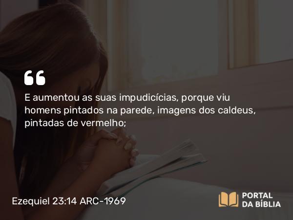 Ezequiel 23:14 ARC-1969 - E aumentou as suas impudicícias, porque viu homens pintados na parede, imagens dos caldeus, pintadas de vermelho;