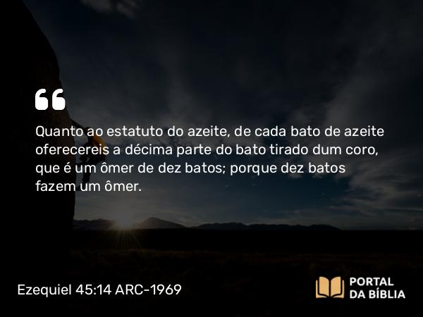 Ezequiel 45:14 ARC-1969 - Quanto ao estatuto do azeite, de cada bato de azeite oferecereis a décima parte do bato tirado dum coro, que é um ômer de dez batos; porque dez batos fazem um ômer.